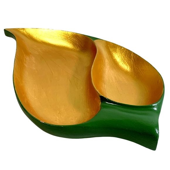 Trinket Dish Wood Low Leaf Bowl 2 Section Green Metallic Gold Monkey Pod Hawaii - Picture 9 of 9